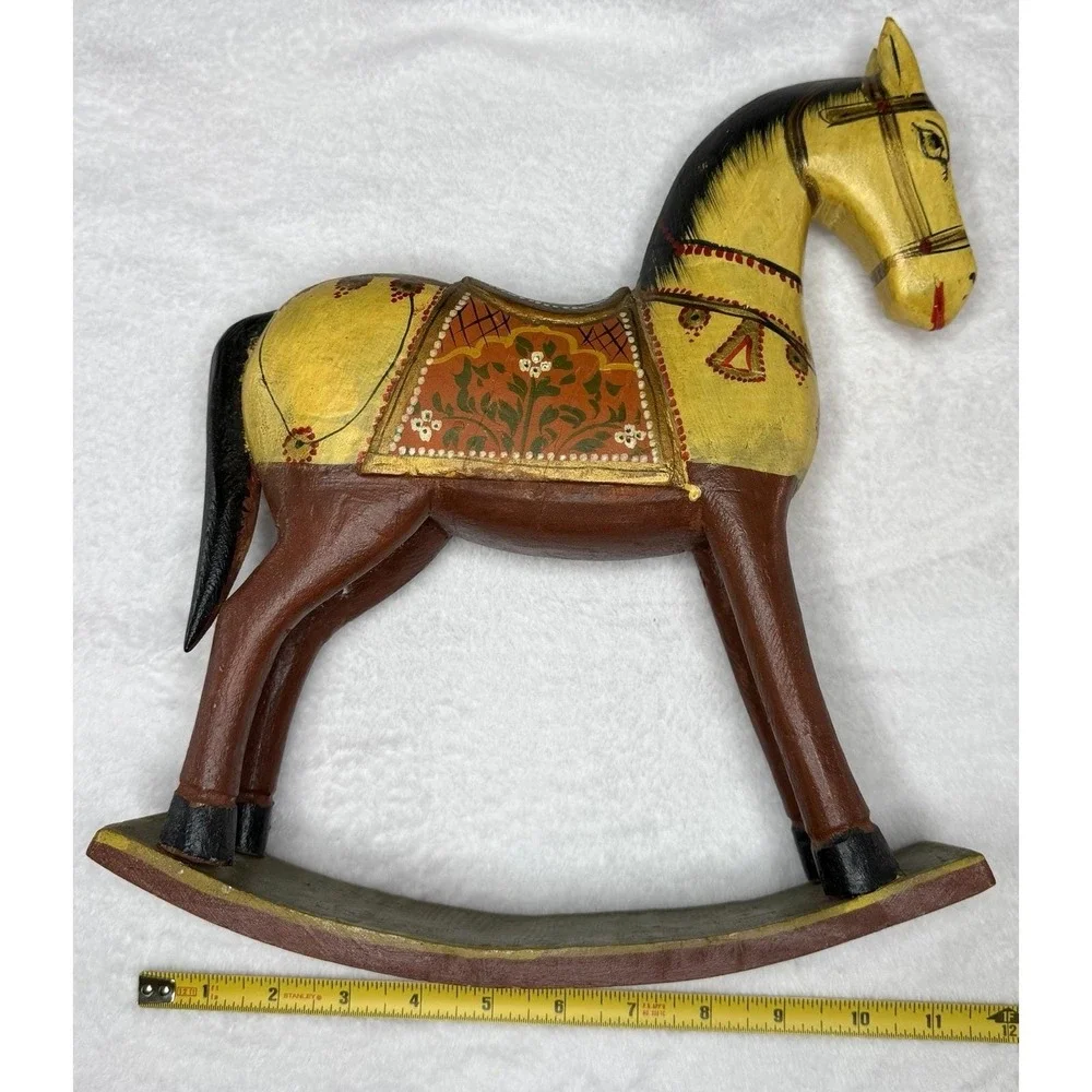 Wood Rocking Horse Hand Carved Painted Rajasthani Marwari War 13